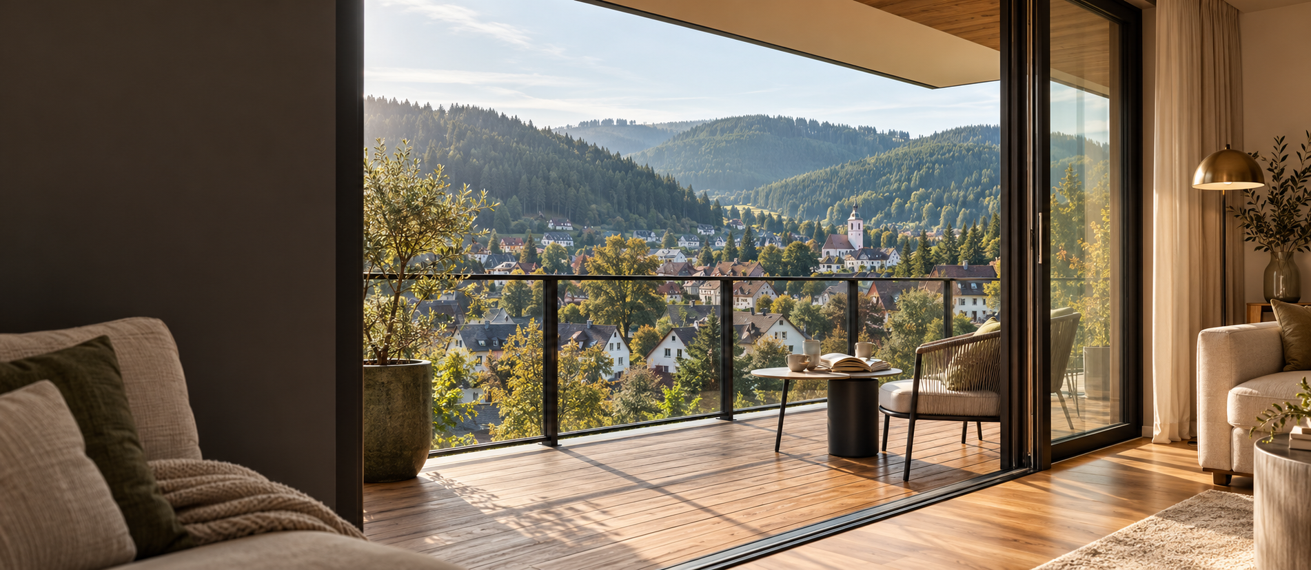 KI-generiertes Stimmungsmotiv: moderne Wohnung mit Balkon und Ausblick auf einen Schwarzwaldort